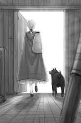  ayakura_juu canine enekk female greyscale indoors long_hair long_skirt monochrome nora_arento novel_illustration official_art open_door shoes short_ponytail skirt spice_and_wolf walking wooden_floor 