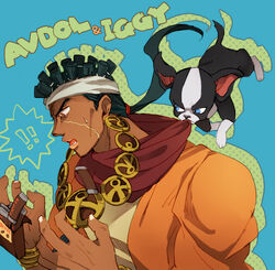  1boy azkn biting black_hair canine chewing_gum commentary_request dark-skinned_male dark_skin iggy_(jojo) jewelry jojo_no_kimyou_na_bouken male_focus mohammed_avdol necklace scarf 