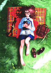  bad_id bad_pixiv_id bag barefoot book braid briefcase brown_hair commentary_request cross cutting_hair feathers feet female full_body glasses loafers lying md5_mismatch natsui_tuna necktie on_back original red_eyes resolution_mismatch school_bag school_briefcase school_uniform severed_hair shoes short_hair skirt solo source_larger toes unworn_shoes 