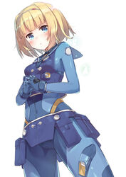  :t belt belt_pouch blonde_hair blue_eyes blue_gloves blush bodysuit breasts cameltoe choker closed_mouth commentary_request covered_navel cowboy_shot emblem eyebrows female fingers_together from_below gloves hairband heavy_object highres legs_apart looking_at_viewer looking_down milinda_brantini pilot_suit pocket pouch pout ruma_imaginary sailor_collar simple_background skin_tight small_breasts solo standing white_background 