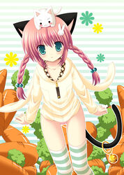  animal_ears bad_id bell blush braid carrot cat_ears cat_tail collarbone commentary_request feline female green_eyes hair_ornament hairclip hood hoodie long_hair nekoneko original panties photoshop_(medium) pink_hair pink_panties rabbit rabbit_ears sad solo striped_clothes striped_thighhighs tail thighhighs twintails underwear 