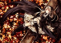  autumn_leaves bad_id bad_pixiv_id black_hair black_socks black_wings blonde_hair commentary_request cross doll_joints dress female gothic_lolita hairband highres joints kneehighs layered_dress lolita_fashion lolita_hairband long_hair long_sleeves looking_at_viewer lying memai on_back photoshop_(medium) red_eyes rozen_maiden socks solo suigintou white_background wide_sleeves wings 