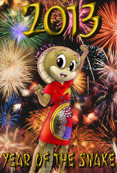  2013 anthro asian_clothing chinese chinese_clothing chinese_dress chinese_zodiac clothed clothing cloudscratcher cobra dress east_asian_clothing female fireworks ixia reptile scalie snake snake_hood solo unknown_artist year_of_the_snake 