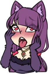  ahe_gao animal_ears animal_hands blunt_bangs blush breasts cleavage commentary english_commentary female fingernails fur_trim hands_up heart heart-shaped_pupils jewelry large_breasts low_twintails luna_of_water manticore_(monster_girl_encyclopedia) monster_girl monster_girl_encyclopedia necklace nose_blush original purple_hair reri_(elh) solo symbol-shaped_pupils tongue tongue_out transparent_background twintails upper_body 