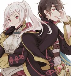  1boy black_hair blush book breasts cape commentary_request dinikee female fire_emblem fire_emblem_awakening long_hair medium_breasts morgan_(fire_emblem) morgan_(male)_(fire_emblem) mother_and_son robe robin_(female)_(fire_emblem) robin_(fire_emblem) short_hair smile twintails white_hair 