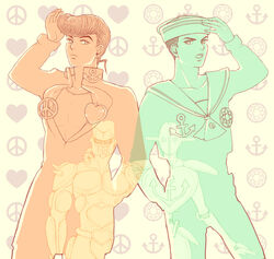  2boys anchor_symbol commentary_request crazy_diamond diamond_wa_kudakenai dixie_cup_hat gakuran hand_on_headwear hat heart higashikata_josuke higashikata_josuke_(jojolion) jojo_no_kimyou_na_bouken jojolion male_focus military_hat multiple_boys peace_symbol pompadour sailor_collar school_uniform shakata_(ozi3) soft_&amp;_wet stand_(jojo) 