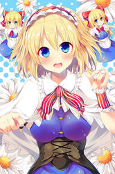  :d alice_margatroid apron blonde_hair blue_dress blue_eyes blush bow breasts capelet commentary_request corset dress female flower hairband hairbow jewelry large_breasts lolita_hairband looking_at_viewer masa_(miyabitei) neck_ribbon open_mouth puppet_rings red_bow ribbon ring shanghai_doll short_hair smile striped striped_ribbon touhou upper_body waist_apron wrist_cuffs 