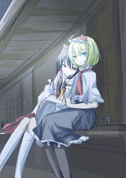  2girls 66ta1yak1 alice_margatroid bare_shoulders black_hair black_legwear blonde_hair blue_eyes commentary_request detached_sleeves frilled_skirt frills hair_tubes hairband hakurei_reimu holding_hands interlocked_fingers kneehighs leaning_on_person light_smile long_hair multiple_girls necktie night outdoors pantyhose red_eyes red_necktie short_hair short_sleeves sitting skirt sky socks star_(sky) touhou white_legwear yuri 