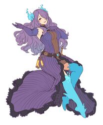  absurdres breasts brighid_(xenoblade) brighid_(xenoblade)_(cosplay) camilla_(fire_emblem) collarbone commentary cosplay female fire fire_emblem fire_emblem_fates gloves hair_over_one_eye highres large_breasts lips long_hair purple_eyes purple_hair simple_background smile solo valcard992 very_long_hair wavy_hair xenoblade_chronicles_(series) xenoblade_chronicles_2 