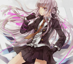  bad_id bad_pixiv_id braid commentary_request danganronpa:_trigger_happy_havoc danganronpa_(series) dress_shirt female gloves hair_ornament hair_ribbon jacket kirigiri_kyoko leather leather_gloves leather_jacket long_hair necktie purple_eyes purple_hair ribbon shion_(1994sionn) shirt skirt solo string string_around_finger wind 