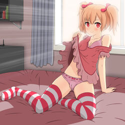  arm_support backlighting bed blonde_hair bow bow_panties bra breasts cameltoe cleavage commentary_request curtains female highres light_rays makishi medium_breasts navel nova_(nottytiffy) on_bed original panties pink_bra pink_panties red_eyes ribbon-trimmed_underwear ribbon_trim sitting skindentation smile solo striped_clothes striped_thighhighs sunbeam sunlight thighhighs underwear window yokozuwari 