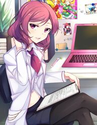  bad_id bad_pixiv_id black_pantyhose chair clipboard commentary_request computer crossed_legs doctor female kalian laptop love_live! love_live!_school_idol_project medium_hair miniskirt navel nishikino_maki pantyhose paper red_eyes red_hair sitting skirt solo 