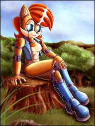  anthro archie_comics biped blue_boots blue_clothing blue_eyes blue_footwear blue_topwear blue_vest boots brown_body chipmunk clothed clothing crossed_legs detailed_background female footwear forest grass ground_squirrel hair looking_at_viewer machine mammal mecha_sally open_clothing open_topwear open_vest outside plant red_hair robot rodent sally_acorn sciurid sega sitting sitting_on_stump solo sonic_the_hedgehog_(archie) sonic_the_hedgehog_(comics) sonic_the_hedgehog_(series) topwear tree tree_stump vest zeiram0034 