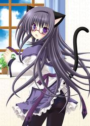  akemi_homura akemi_homura_(magical_girl) black_hair blush cat_tail day female glasses hairband long_hair magical_girl mahou_shoujo_madoka_magica mahou_shoujo_madoka_magica_(anime) nekoneko panties panties_under_pantyhose pantyhose photoshop_(medium) purple_eyes red-framed_eyewear see-through sky solo striped_clothes striped_panties tail underwear window 