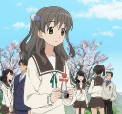  2boys 4girls anime_screenshot blue_sky brown_hair camera cherry_blossoms cloud day digital_camera diploma graduation green_eyes hand_in_pocket highres long_hair mitani_kanae multiple_boys multiple_girls school_uniform sky tamayura tree 