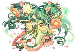  ahoge alraune_(p&amp;d) aqua_eyes bad_link dress female flower flower_swing green_hair green_ribbons hair_ribbon long_hair monster_girl official_art petals plant_girl puffy_short_sleeves puffy_sleeves puzzle_&amp;_dragons ribbon short_sleeves simple_background sitting solo striped_clothes striped_dress suzuki_kaori swing thighhighs twintails very_long_hair white_background white_thighhighs 