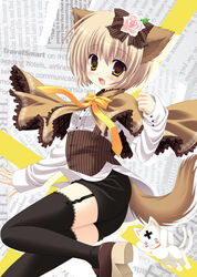  animal_ears blonde_hair blush brown_eyes cape dog_ears feline female garter_straps hat laughing nekoneko petit_hound photoshop_(medium) ribbon solo tail thighhighs tieru 