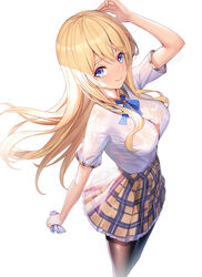  arm_up blonde_hair blue_bow blue_eyes blue_ribbon bow bra bra_visible_through_clothes breasts brown_pantyhose brown_skirt button_gap closed_mouth collared_shirt commentary_request dress_shirt female foreshortening from_above hair_between_eyes hand_on_own_head highres holding long_hair looking_at_viewer medium_breasts original pantyhose partially_unbuttoned plaid plaid_collar plaid_skirt plaid_trim pleated_skirt ribbon ririko_(zhuoyandesailaer) saegusa_futaba school_uniform see-through shirt shirt_tucked_in short_sleeves simple_background skirt smile solo standing underwear very_long_hair wet wet_clothes wet_shirt white_background white_bra white_shirt 