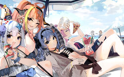  6+girls ahoge amane_kanata anemachi axolotl axolotl_(minecraft) bare_shoulders beach bikini blue_eyes blue_hair blunt_bangs breasts can choker closed_eyes cloud day doukyo&#039;s dragon_girl dragon_horns dragon_tail ear_piercing food fruit hair_between_eyes hairband highres holding holding_food hololive horns hoshimachi_suisei houshou_marine kiryu_coco large_breasts long_hair looking_at_viewer lying mania_(fd6060_60) minecraft multiple_girls navel on_back open_mouth orange_hair outdoors piercing pink_hair pizza pizza_slice pointy_ears ponytail purple_eyes shiranui_flare shirogane_noel small_breasts swimsuit tail twintails virtual_youtuber water watermelon white_hair 