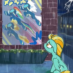  1:1 amber_eyes city detailed_background electricity equid equine female fleetfoot_(mlp) friendship_is_magic hasbro hi_res lightning lightning_dust_(mlp) looking_at_object mammal my_little_pony mythological_creature mythological_equine mythology night outside pegasus pfeffaroo poster rainbow_dash_(mlp) raining sitting solo spitfire_(mlp) wings wonderbolts_(mlp) 