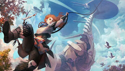  aloy_(horizon) black_pants bow_(weapon) earpiece english_commentary female floating_hair focus_(horizon) freckles glinthawk_(horizon) green_eyes highres holding holding_bow_(weapon) holding_weapon horizon_(video_game) horizon_zero_dawn long_hair nikusenpai non-humanoid_robot nose orange_hair pants photoshop_(medium) robot robot_animal rope signature size_difference solo_focus stormbird_(horizon) swinging tallneck_(horizon) thick_eyebrows tribal vambraces weapon 