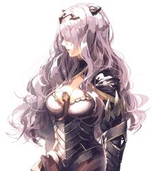  armor bad_id bad_twitter_id black_armor breasts camilla_(fire_emblem) cleavage commentary cowboy_shot female fire_emblem fire_emblem_fates fire_emblem_heroes from_side gauntlets hair_ornament hair_over_eyes large_breasts long_hair parted_lips purple_hair solo standing taki_(tkai40) thighs tiara wavy_hair 