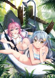  2girls :3 ahoge bathtub bra day earrings grey_hair grisaia_(series) grisaia_phantom_trigger gun hair_ornament hair_over_shoulder handgun head_rest highres holding holding_gun holding_weapon ikoma_murasaki jewelry jungle light_rays long_hair looking_at_viewer multiple_girls nature non-web_source official_art open_mouth outdoors pink_eyes pink_hair rifle same-sex_bathing scarf scope shared_bathing shishigaya_touka short_sleeves shower_head sitting slipper_bathtub smile spaghetti_strap star_(symbol) star_hair_ornament strap_slip striped_bra striped_clothes stud_earrings twintails two_side_up underwear watanabe_akio weapon white_legwear yellow_eyes 