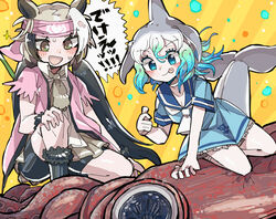  2girls :p absurdres animal animal_ears aqua_eyes aqua_hair ascot bad_id bad_pixiv_id bare_arms bear_ears bike_shorts bike_shorts_under_skirt black_hair blowhole blue_hair brown_eyes cetacean_tail closed_mouth coat common_bottlenose_dolphin_(kemono_friends) dorsal_fin dress dutch_angle ezo_brown_bear_(kemono_friends) fins fish_tail frilled_dress frills giant_squid green_hair grey_hair head_fins headband highres kanmoku-san kemono_friends kemono_friends_3 kneeling leaning_to_the_side long_hair looking_at_another medium_hair microskirt multicolored_hair multiple_girls on_one_knee open_clothes open_coat outstretched_arm sailor_collar shirt short_dress short_sleeves skirt smile squid sweat tail tongue tongue_out torn_clothes torn_sleeves twintails twisted_torso very_long_hair white_hair 