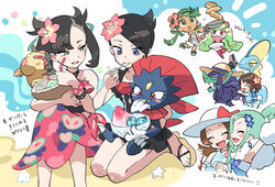  6+girls :d adapted_costume arm_up asymmetrical_bangs black_choker blue_sarong blue_shirt blush bow bowl chibi choker closed_eyes closed_mouth clothed_pokemon commentary_request drinking drinking_straw earrings eyelashes flower food frying_pan gloria_(pokemon) gloria_(summer_2021)_(pokemon) green_hair green_ribbons grey_eyes grimmsnarl hair_flower hair_ornament hair_ribbon hairpin hat hat_bow holding holding_bowl holding_drinking_straw holding_frying_pan holding_spatula holding_spoon inteleon jewelry lisia_(pokemon) lyra_(pokemon) lyra_(summer_2020)_(pokemon) mallow_(pokemon) marley_(pokemon) marnie_(pokemon) marnie_(summer_2021)_(pokemon) morpeko morpeko_(full) multiple_girls nibo_(att_130) official_alternate_costume on_lap open_mouth pancake pink_flower pokemon pokemon_(creature) pokemon_dppt pokemon_masters_ex pokemon_on_lap pokemon_oras pokemon_sm ribbon sandals sarong shirt short_hair sitting sleeveless sleeveless_shirt smile spatula spoon tongue translation_request tsareena weavile white_headwear 