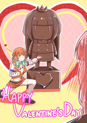  2girls absurdres blush bow_choker chocolate chocolate_statue commentary earrings english_commentary english_text feather_earrings feathers food gradient_hair happy_valentine heart highres hololive hololive_english incoming_gift jewelry kneeling long_hair mori_calliope mori_calliope_(1st_costume) multicolored_hair multiple_girls orange_hair pink_hair sculpture smol_calli statue takanashi_kiara takanashi_kiara_(1st_costume) valentine virtual_youtuber walfie_(style) xu_chin-wen yuri 