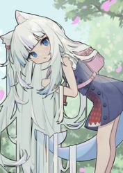  absurdly_long_hair animal_ears backpack bag blue_eyes blue_hair blue_skirt blunt_bangs buttons cat_ears cp2980606 cube_hair_ornament feet_out_of_frame female fins fish_tail frilled_sleeves frills gawr_gura gawr_gura_(casual) grey_hair hair_ornament highres hololive hololive_english leaning_forward light_blush long_hair looking_at_viewer miniskirt multicolored_hair official_alternate_costume open_mouth outdoors petals pink_bag pink_hair school_bag shark_girl shark_tail shirt short_sleeves skirt skirt_set solo streaked_hair tail very_long_hair virtual_youtuber white_shirt 