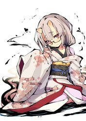  black-framed_eyewear blush closed_mouth commentary_request female floral_print glasses grey_hair grey_kimono head_tilt heart highres horns japanese_clothes kimono kiyu_(ogami_kazuki) long_hair long_sleeves looking_at_viewer obi ogami_kazuki oni oni_horns original photoshop_(medium) pink_kimono print_kimono red_eyes sash semi-rimless_eyewear sleeves_past_fingers sleeves_past_wrists smile solo under-rim_eyewear white_background 