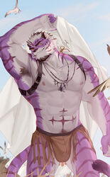  1boy abs absurdres armpit_hair armpits bara biceps brown_male_underwear bulge chest_belt commission diamond_(shape) facial_hair feet_out_of_frame forked_eyebrows furry furry_male goatee goo_(koushishikou11) head_tilt highres holding holding_clothes holding_shirt jewelry large_pectorals loincloth male_focus male_underwear multicolored_hair muscular muscular_male navel necklace nipples original pectorals purple_fur sadiend shirt short_hair smile solo standing stomach streaked_hair thick_eyebrows thighs tiger_boy topless_male two-tone_fur underwear unworn_shirt white_hair 