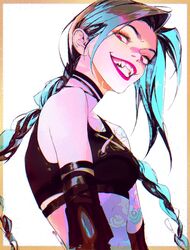  :d arcane:_league_of_legends arcane_jinx arm_tattoo bare_shoulders black_choker blue_hair border braid breasts choker cloud_tattoo crop_top english_commentary fangs female from_side highres jian_tai_(cuoyu0) jinx_(league_of_legends) league_of_legends light_blue_hair long_hair looking_at_viewer looking_down open_mouth orange_border pink_lips sharp_teeth shoulder_tattoo sidelocks small_breasts smile solo stomach stomach_tattoo tattoo teeth twin_braids twintails upper_body upper_teeth_only white_background 