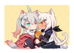  ! !! 2girls animal_ear_fluff animal_ears black_gloves black_legwear black_neckerchief black_skirt blue_eyes blue_sleeves burger cat_ears cat_tail chibi commentary commission crumbs eating english_commentary food food_on_face girls&#039;_frontline gloves grey_hair hair_ornament hairclip headset highres jacket kneeling licking licking_another&#039;s_cheek licking_another&#039;s_face long_hair lwmmg_(girls&#039;_frontline) m590_(girls&#039;_frontline) multicolored_hair multiple_girls neckerchief off_shoulder one_eye_closed pantyhose pleated_skirt red_jacket second-party_source shirt single_thighhigh sitting skirt tail thighhighs twintails very_long_hair white_hair white_jacket white_shirt wolf_ears wolf_tail yellow_eyes yuutama2804 