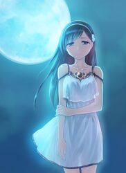  arm_grab backlighting black_eyes black_hair black_sky closed_mouth commentary dress female flower full_moon hair_flower hair_ornament hairband half-closed_eyes highres ikeda_jun_(mizutamari) light_smile long_hair looking_at_viewer moon moonlight multi-strapped_dress night night_sky original redrawn short_dress sky solo spaghetti_strap standing tsukimi white_dress white_flower white_hairband wind 