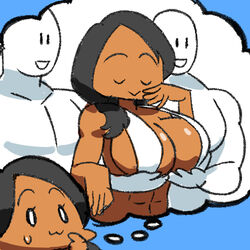  abs arung_samudra_(cessa) bikini bikini_top_only black_hair blue_background breast_lift breasts cessa chibi closed_eyes english_commentary female hand_up large_breasts long_hair lowres meme ombok_diving_and_delivery_services servants_holding_aphrodite&#039;s_breasts_(meme) shadow shuumatsu_no_valkyrie solo swimsuit white_bikini 