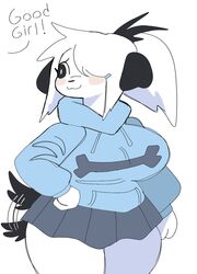  2022 :3 accessory anthro biped black_ears black_eyes black_nose blue_clothing blue_hoodie blue_topwear blush bottomwear canid canine canis clothed clothing compliment digital_media_(artwork) domestic_dog english_text female floppy_ears fur furgonomics good_girl grey_bottomwear grey_clothing grey_skirt hair hair_accessory hair_over_eye hand_on_hip hi_res hoodie looking_at_another mammal one_eye_obstructed pepper_(puppkittyfan1) ponytail pupils puppkittyfan1 skirt slightly_chubby slightly_chubby_anthro slightly_chubby_female smile solo standing tail tail_motion tail_through_skirt tailwag text topwear white_body white_fur white_hair white_pupils 