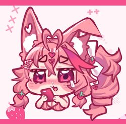  absurdres ahoge animal_ear_fluff animal_ears blush chibi crying female food-themed_hair_ornament fox_ears fox_girl hair_ornament hairclip highres indie_virtual_youtuber kireina_(osiimi) open_mouth osiimi pink_eyes pink_hair strawberry_hair_ornament virtual_youtuber 