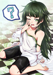  ? absurdres bare_legs barefoot black_shorts breasts checkered_floor cleavage collarbone commentary_request female full_body green_eyes green_hair hand_to_own_mouth highres hiyajou_maho lab_coat long_hair looking_at_viewer messy_hair off_shoulder one_eye_closed open_mouth rairaisuruyo shorts sitting sleepy small_breasts solo spoken_question_mark steins;gate steins;gate_0 strap_slip tank_top tears wariza yawning 