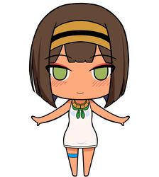  bad_id bad_twitter_id bare_arms bare_shoulders barefoot blush brown_hair brown_hairband chibi closed_mouth dark-skinned_female dark_skin dress egyptian_loli_(surio) female full_body green_eyes hairband highres inactive_account original short_hair simple_background sleeveless sleeveless_dress smile solo standing surio thigh_strap white_background white_dress 