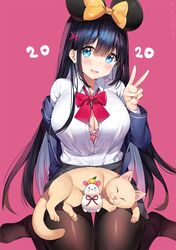  2020 animal_ears animal_on_lap ayamy black_hair black_pantyhose blue_eyes blue_jacket blush bow bow_bra bowtie bra breasts bursting_breasts chinese_zodiac cleavage commentary dress_shirt fake_animal_ears feline female grey_skirt hair_ornament hairbow head_tilt jacket large_breasts long_hair long_sleeves miniskirt miyawaki_sana mouse_(animal) mouse_ears new_year no_shoes oerba_yun_fang off_shoulder on_lap original pantyhose pink_background pink_bra pleated_skirt red_bow red_bowtie school_uniform shirt simple_background skin_fang skirt solo underwear v white_shirt wing_collar x_hair_ornament year_of_the_rat yellow_bow 