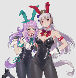  2girls animal_ears bare_shoulders black_gloves black_leotard blush breasts cowboy_shot fake_animal_ears gloves gold_ship_(umamusume) grey_hair hand_on_another&#039;s_shoulder highleg highleg_leotard highres horse_girl horse_tail leotard light_purple_hair long_sleeves looking_at_another looking_at_viewer mejiro_mcqueen_(umamusume) multiple_girls nontraditional_playboy_bunny oversized_breast_cup pink_eyes red_eyes sarcophage shy smile standing standing_on_one_leg strapless strapless_leotard tail thighs umamusume white_gloves 