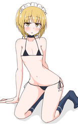  ame_(amechan17391739) bad_id bad_pixiv_id bikini black_bikini black_choker blonde_hair blush breasts choker collarbone cutlass_(girls_und_panzer) female girls_und_panzer highres looking_at_viewer maid_headdress micro_bikini navel open_mouth shiny_skin short_hair side-tie_bikini_bottom simple_background small_breasts solo swimsuit white_background yellow_eyes 