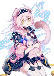  absurdres animal animal_ears arknights black_hairband black_skirt blue_bow blush bow braid cat_ears cat_girl cat_tail chinese_commentary coat collar commentary_request feline female garter_straps goldenglow_(arknights) hair_over_shoulder hairband hairbow highres holding holding_animal holding_cat id_card lightning_bolt_print long_hair looking_at_viewer open_clothes open_coat open_mouth pink_coat pink_hair polka_dot polka_dot_background scottish_fold shirt signature single_braid sitting skirt solo striped_clothes striped_thighhighs tail tearing_up tears thighhighs tuzidemengmianjiang vertical-striped_clothes vertical-striped_thighhighs white_shirt white_thighhighs yellow_eyes zettai_ryouiki 