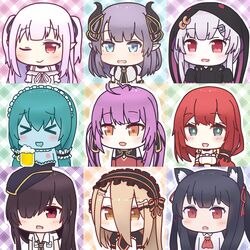  &gt;_&lt; 6+girls ahoge akatsuki_chiaki_(chucolala) animal_ear_fluff animal_ears beer_mug cat_girl chisuzu_mei chucolala cup green_eyes hair_between_eyes hair_ornament hair_over_one_eye heart heart_ahoge highres hiseki_erio komori_chiyu long_hair looking_at_viewer maid_headdress mashiro_kanon mug multiple_girls one_eye_closed otome_oto pointy_ears ponytail raimu_meruto red_eyes red_hair shito_anon tsukimiya_yuuko tsuzurime_higasa upper_body virtual_youtuber white_hair 