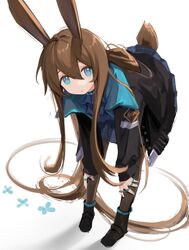  amiya_(arknights) animal_ears arknights ascot bent_over black_footwear black_jacket black_pantyhose blue_ascot blue_eyes blue_shirt blue_skirt brown_hair fei_(songyijie) female hands_on_own_legs highres infection_monitor_(arknights) jacket jewelry long_hair looking_at_viewer multiple_rings pantyhose plaid plaid_skirt ponytail rabbit_ears rabbit_tail ring shirt short_hair_with_long_locks simple_background skirt solo tail thumb_ring very_long_hair white_background 