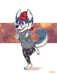  2020 anthro blue_eyes canid canine canis clothed clothing domestic_dog ear_piercing eyebrow_piercing facial_piercing female fur hair happy hi_res hoodie husky katherine leggings legwear mammal nordic_sled_dog oversized_clothing oversized_hoodie oversized_topwear piercing red_hair solo spitz tongue topwear tuxedodemon 