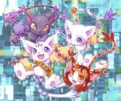  2_tails 6:5 accessory ambiguous_gender bandai_namco black_body black_nose blackgatomon blue_background blue_eyes blush brown_body claws clothing digimon digimon_(species) felid feline floating furgonomics gatomon gatomon_x gloves green_background group handwear jewelry long_claws long_tail m0ku-ju mammal markings mikemon multi_tail open_mouth pawpads paws ring semi-anthro simple_background tail tail_accessory tail_jewelry tail_ring whiskers white_body x-digimon yellow_eyes 