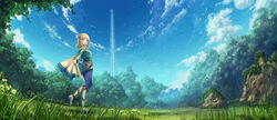  :d aqua_eyes bird blonde_hair blue_sky boots breasts cape cayna_(leadale_no_daichi_nite) cloud commentary_request cover_image earrings elf feather_hair_ornament feathers female flower forest from_side grass green_jacket hair_ornament hairband highres jacket jewelry knee_boots landscape leadale_no_daichi_nite leaf long_sleeves looking_at_viewer looking_to_the_side medium_breasts medium_hair nature novel_illustration official_art open_mouth outdoors outstretched_arms pants photoshop_(medium) pointy_ears pouch rock sidelocks sky smile solo spread_arms standing standing_on_one_leg teeth tenmaso tower upper_teeth_only wide_shot 